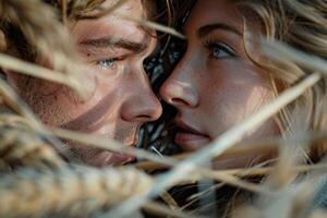 Couple in love looking at each other in a haystack. Generated by artificial intelligence photo