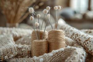 Skeins of durable thread in natural colors. Authenticity in everyday life. Generated by artificial intelligence photo