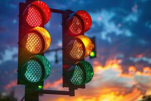 Closeup of a traffic light in the evening sky with clouds and copy space. Generated by artificial intelligence photo