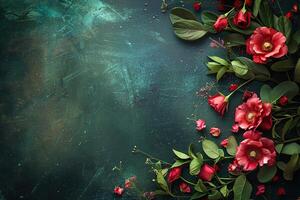 Green concrete background with red beautiful flowers on the left and space for text. Generated by artificial intelligence photo