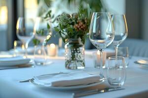Glassware on a served table with a white tablecloth in a restaurant. Generated by artificial intelligence photo