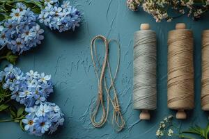 Spools of coarse thread in natural shades and blue flowers on the table. View from above. Authenticity in everyday life. Generated by artificial intelligence photo