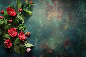 Green concrete background with red beautiful flowers on the left and space for text. Generated by artificial intelligence photo