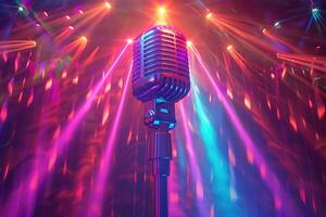Professional microphone on stage in a bar in the pink rays of a spotlight. Generated by artificial intelligence photo