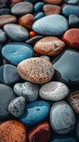 Vertical background for social networks with the image of multi-colored pebbles. Generated by artificial intelligence photo