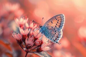 Macro shot of a butterfly on a flower on a blurred pink background. Generated by artificial intelligence photo