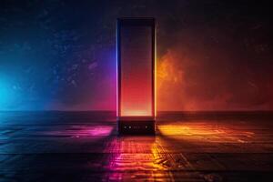 A music speaker with colored lighting stands on the floor in the dark. Generated by artificial intelligence photo