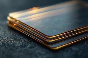 Stack of realistic black cards on a black marble surface. Blank template, card mockup. Generated by artificial intelligence photo