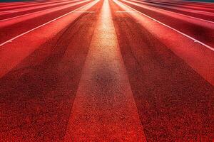 Empty red running track at the stadium. Concept of running, sport, competition. Generated by artificial intelligence photo
