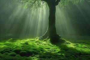 A large beautiful old tree covered with moss in the rays of the sun. Environment concept. photo