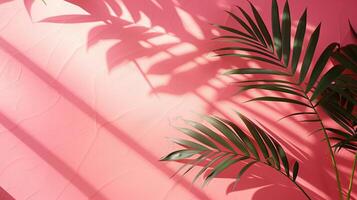 Abstract pink gradient studio background for product presentation. Empty wall with window shadows and palm leaves. Room with copy space. photo