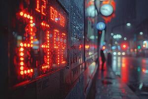 Timetable board with big blurry red numbers in rainy weather. Generated by artificial intelligence photo