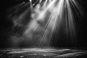 An empty stage for a performance in the rays of spotlights and clouds of smoke. Generated by artificial intelligence photo
