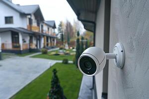 An IP camera is installed on the wall of a luxury house. The concept of protecting private property. Generated by artificial intelligence photo