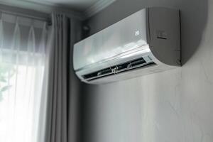 Side view of a modern air conditioner on a white wall. Generated by artificial intelligence photo