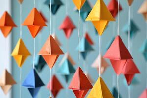 The room is decorated with garlands of multi-colored triangles. The concept of organizing a holiday. Generated by artificial intelligence. photo