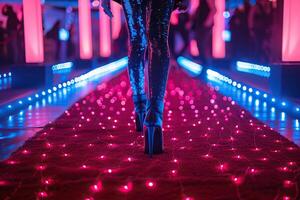 A movie star in a sparkling trousers on the red carpet in the spotlight, close-up of her legs. Generated by artificial intelligence photo