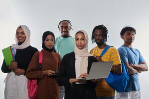 Group of diverse students engages in modern educational practices, utilizing a variety of technological tools such as laptops, tablets, and smartphones against a clean white background, exemplifying photo