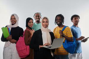Group of diverse students engages in modern educational practices, utilizing a variety of technological tools such as laptops, tablets, and smartphones against a clean white background, exemplifying photo