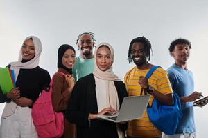 Group of diverse students engages in modern educational practices, utilizing a variety of technological tools such as laptops, tablets, and smartphones against a clean white background, exemplifying photo