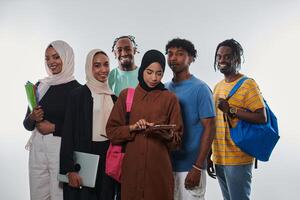 Group of diverse students engages in modern educational practices, utilizing a variety of technological tools such as laptops, tablets, and smartphones against a clean white background, exemplifying photo