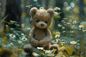 A teddy bear sits in a forest clearing in the grass and flowers. Ecology and environment concept. Generated by artificial intelligence photo
