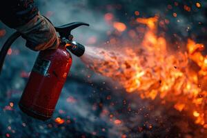 Extinguishing a fire with a carbon dioxide fire extinguisher. Fire extinguisher close-up on a blurred fire background. Generated by artificial intelligence photo