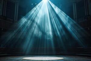 An empty stage in a concert hall, illuminated by the bright rays of a spotlight from above. Generated by artificial intelligence photo