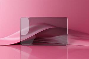 Transparent glass rectangular card with a wavy pattern on a pink background. Horizontal pink background with glass morphism effect. photo