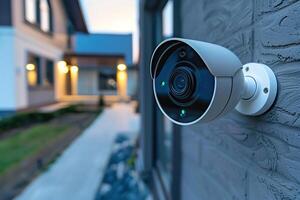 An IP CCTV camera is installed outside the house for property protection and security. Generated by artificial intelligence photo