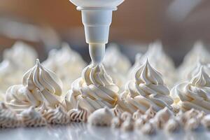 Whipped buttercream in swirl shape. Beautiful decor for a cake using a pastry bag. Generated by artificial intelligence photo