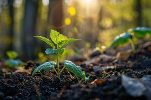 Young green sprouts in the forest on a bokeh background. Environment conservation concept. Generated by artificial intelligence photo