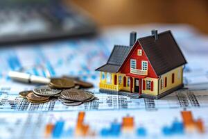 A miniature house model and a calculator lie on paper with diagrams. Real estate prices concept. Generated by artificial intelligence photo