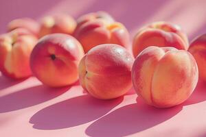 Ripe juicy peaches on a pink background. Horizontal background. Generated by artificial intelligence photo