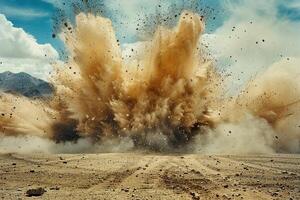 An explosion of sand and dust on the ground on a cloudy day. Generated by artificial intelligence photo