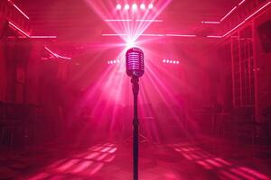 Professional microphone on stage in a bar in the pink rays of a spotlight. Generated by artificial intelligence photo