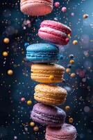 Vertical background with a stack of delicious multi-colored macaroons. Generated by artificial intelligence photo