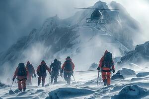 A group of rescuers and a rescue helicopter in the mountains in winter. Generated by artificial intelligence photo