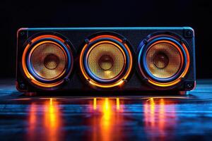 The audio system sits on a wooden floor in the dark with bright lighting. Generated by artificial intelligence photo