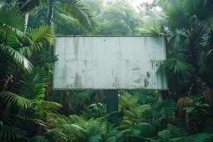 White empty banner in the middle of the tropical forest. Generated by artificial intelligence photo