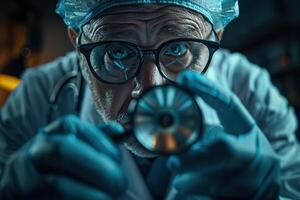 An elderly male doctor holds a stethoscope in his hands. Generated by artificial intelligence photo