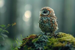 Little owlet in the forest on a blurred background. Generated by artificial intelligence photo