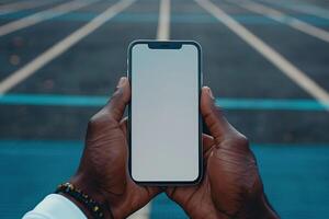 Close-up of a smartphone with a blank white screen in the hands of a black man. Generated by artificial intelligence photo