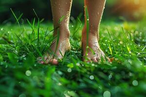 Beautiful female feet on lush grass with dew drops, shot from ground level. Generated by artificial intelligence photo