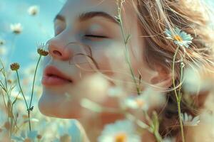 Portrait of a woman with closed eyes in a field with wild daisies. Double exposure. Generated by artificial intelligence photo