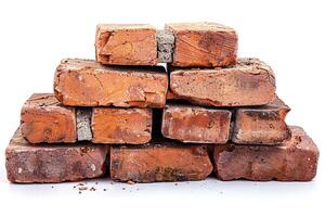 A pile of old broken bricks on a white background. Generated by artificial intelligence photo