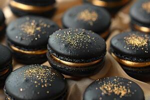 Black macaroons with golden macaroon filling, macaroon background. Generated by artificial intelligence photo