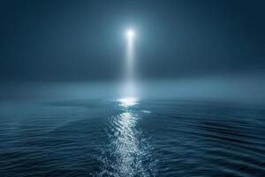 Night seascape. Bright rays of light through the clouds illuminate the sea at night. Generated by artificial intelligence photo