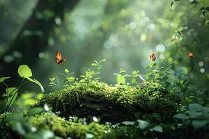 Butterflies flutter in a forest clearing in the light of the sun. Environment conservation concept. Generated by artificial intelligence photo