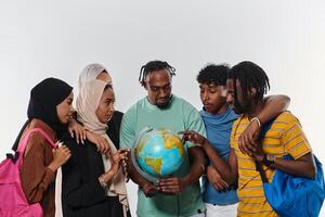 A diverse group of students is gathered around a globe, engrossed in exploration and study, their vibrant energy captured against a pristine white background, symbolizing unity and curiosity in their photo